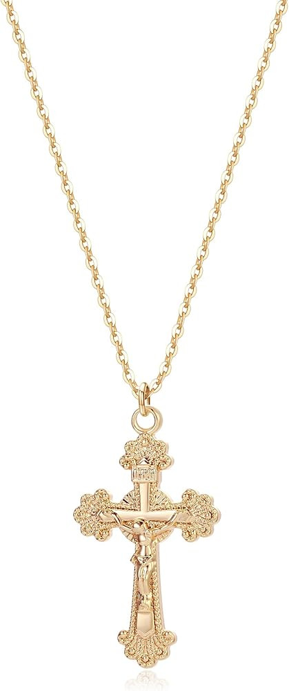 Fettero Cross Necklace Faith Pendant 14K Plated Dainty Chain Minimalist Simple Tiny God Lords Pra... | Amazon (US)