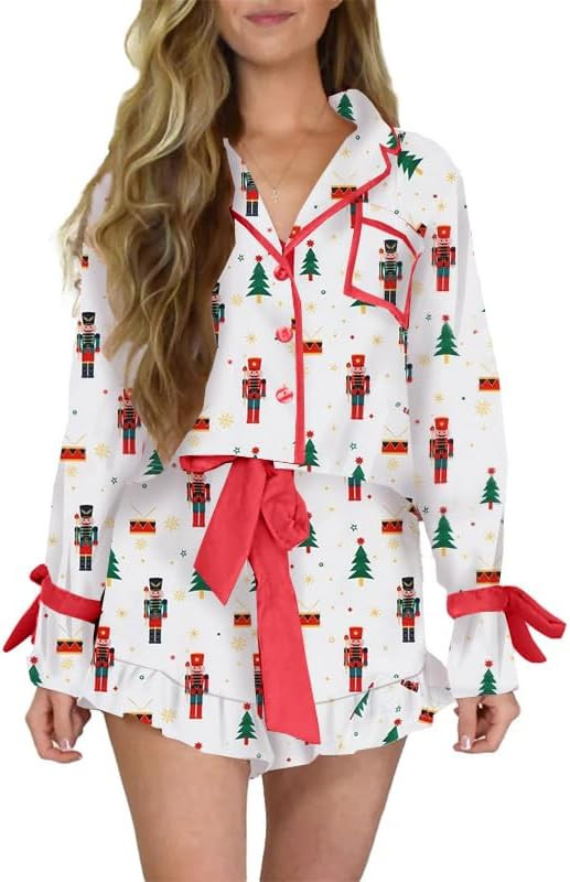 Silk Christmas Bow Pajamas for Women Cute Xmas Satin 2 Piece Santa Bow Tie Pjs Long Sleeve Shirt ... | Amazon (US)