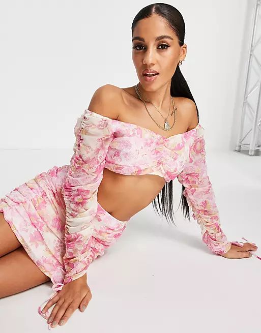 ASOS DESIGN coordinating ruched front long sleeve crop top in pink floral print | ASOS (Global)