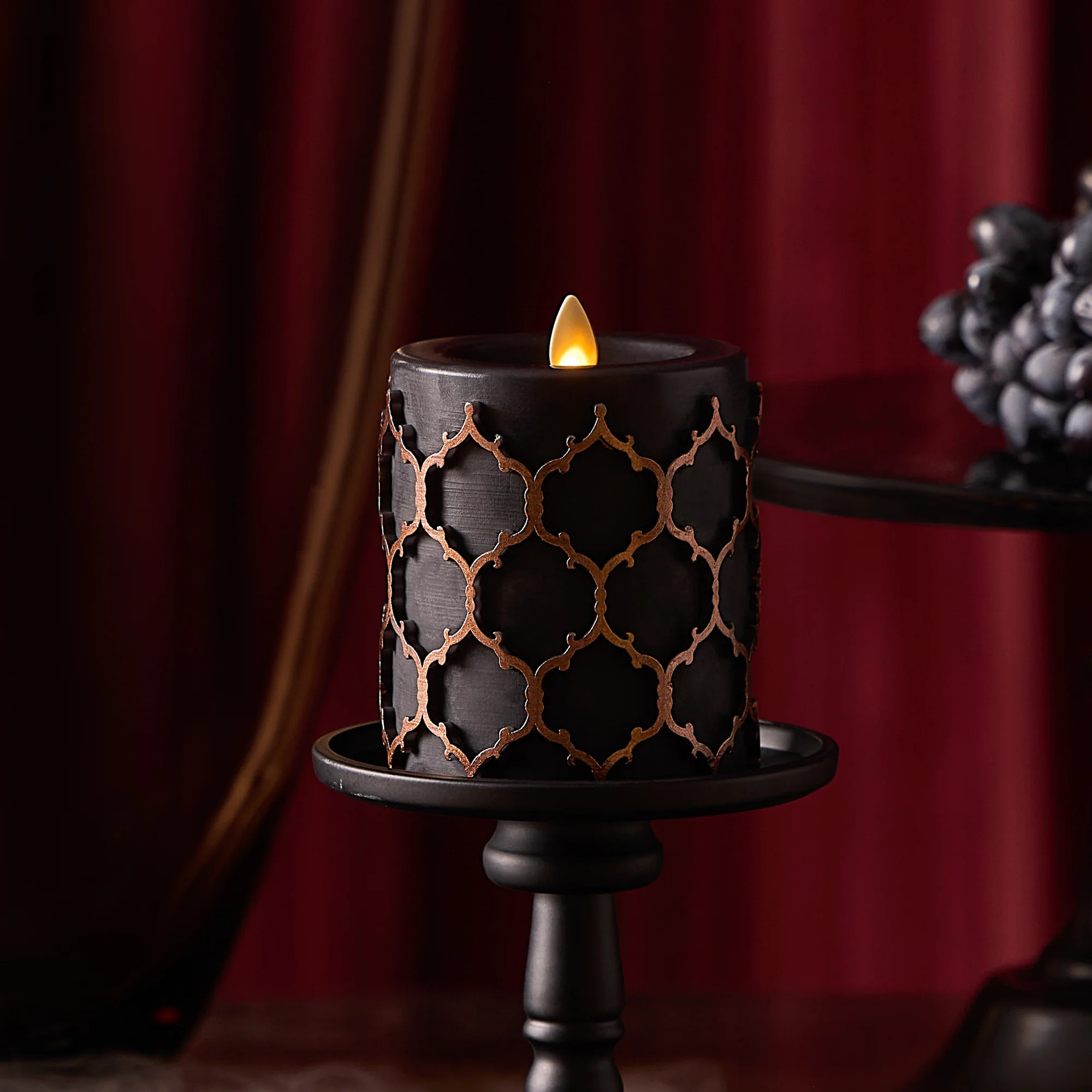 Black Embossed Fretwork Flameless Candle Pillar | Luminara