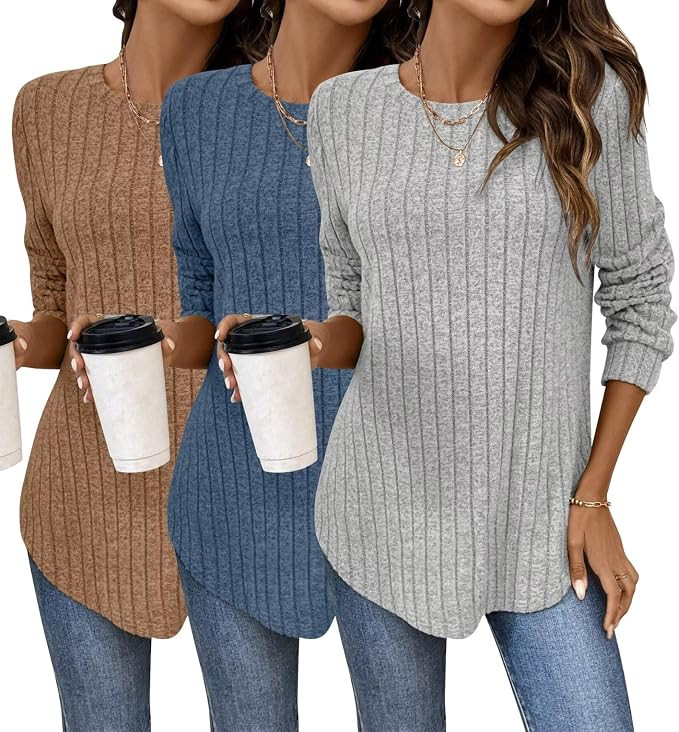Bliwov 3 Pack Womens Curved Hem Long Sleeve Shirts Fall Sweaters Tunic Tops | Amazon (US)