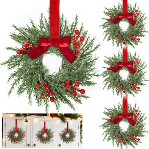 4 Pack 10 Inch Mini Christmas Wreath for Cabinets Kitchen Windows, Small Christmas Wreath with Cypress Branches Red Berried Red Bow Artificial Xmas Small Wreaths for Front Door Wall Stairs Home Decor | Amazon (US)