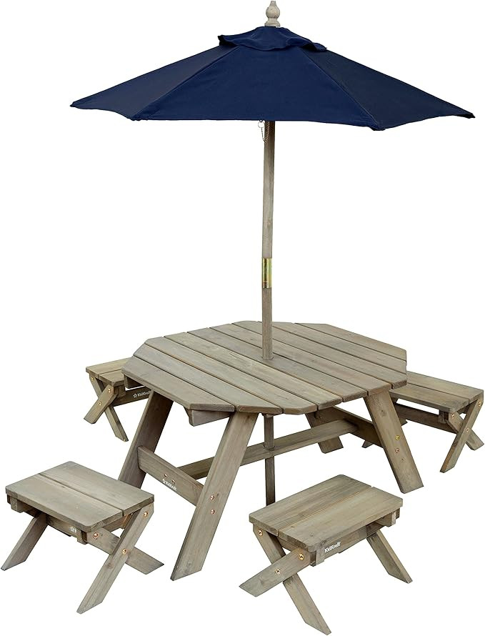 Amazon.com: KidKraft Wooden Octagon Table, Stools & Umbrella Set, Kids’ Outdoor Furniture, Barn... | Amazon (US)