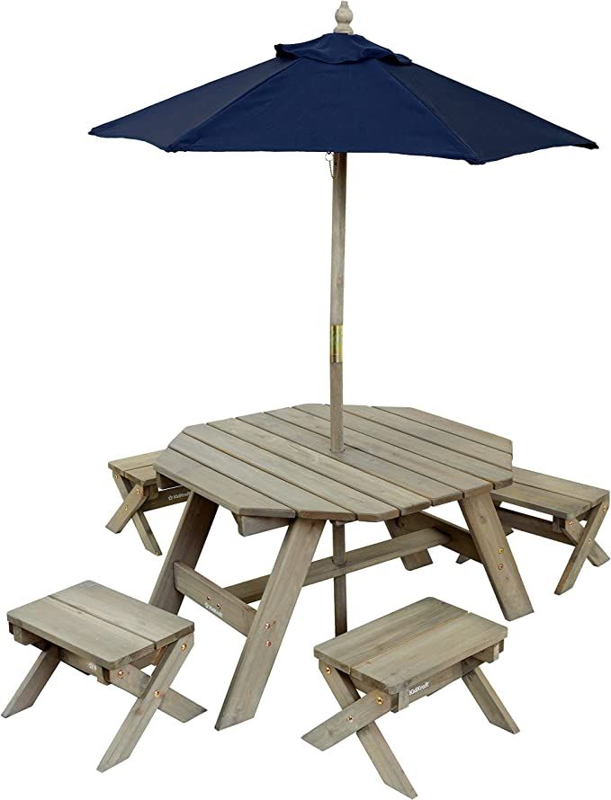 Amazon.com: KidKraft Wooden Octagon Table, Stools & Umbrella Set, Kids’ Outdoor Furniture, Barn... | Amazon (US)