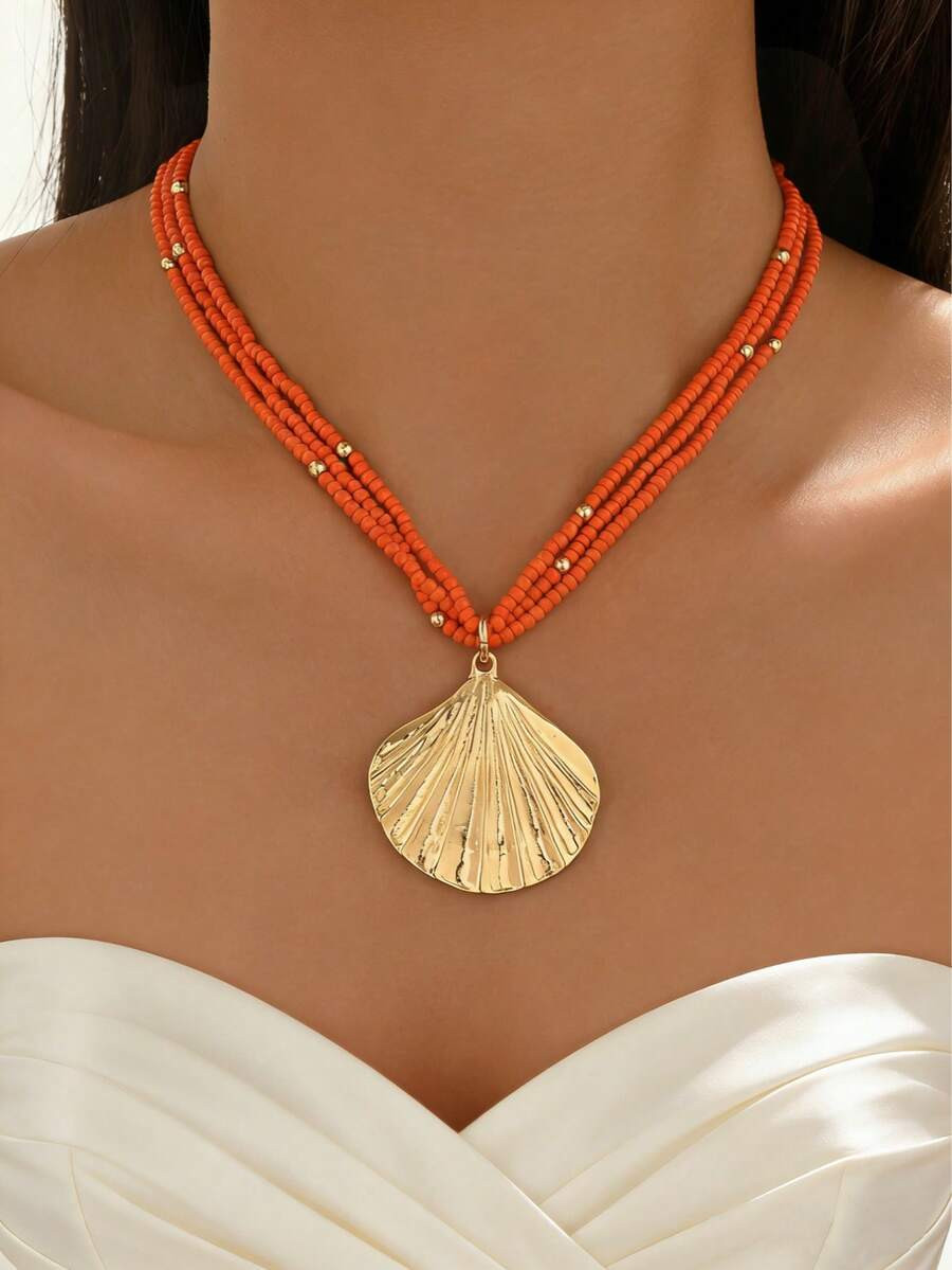 1pc Fashionable Creative Bohemian Style Delicate Orange Beaded Gold Shell Pendant Necklace, Suita... | SHEIN