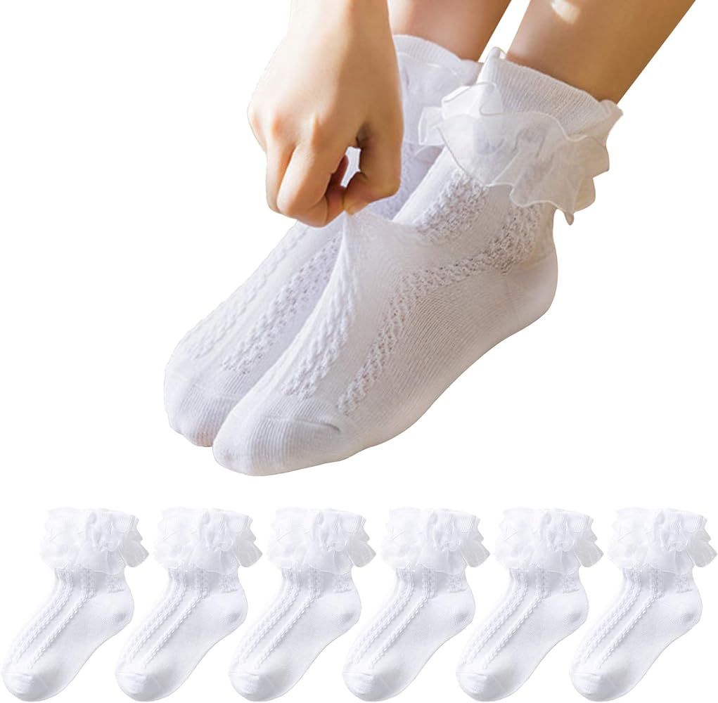 5/6 Pairs Baby Toddlers Girls Ruffle Lace Trims Socks Eyelet Mesh Princess Cotton Soft Dress Fril... | Amazon (US)