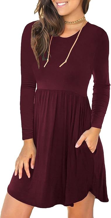 LONGYUAN 2022 Women's Fall Long Sleeve Casual T Shirt Dresses Flowy Hide Belly Dress with Pockets | Amazon (US)