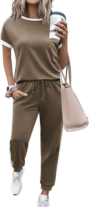 Marvmys Women's 2 Piece Outfits 2026 Summer Short Sleeve Color Block Tracksuit Sets Jogger Lounge... | Amazon (US)