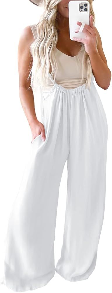 Womens Sleeveless Suspender Overalls Solid Baggy Wide Leg Long Pant Romper with Pockets | Amazon (US)
