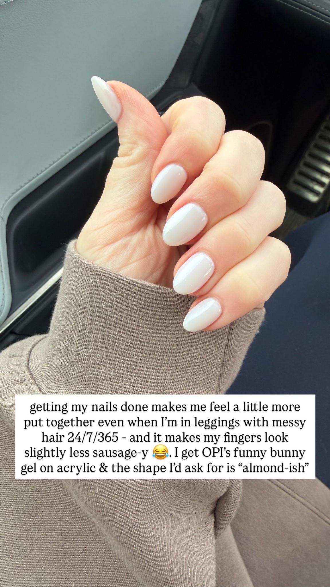 getting my nails done makes me feel a little more put together even when I’m in leggings with messy hair 24/7/365 - and it makes my fingers look slightly less sausage-y 😂. I get OPI’s funny bunny gel on acrylic & the shape I’d ask for is “almond-ish”

#LTKValentine #LTKgrwm #LTKBeauty