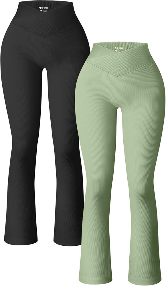 OQQ Women's 2 Piece Yoga Pants Ribbed Seamless Workout High Waist Cross Over Bell Bottoms Exercis... | Amazon (US)