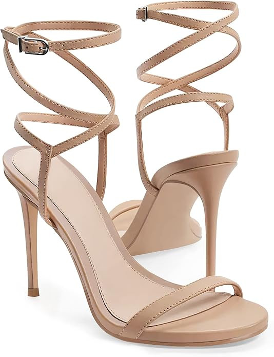 Coutgo Womens Strappy Lace up Heels Sandals Sexy High Heeled Ankle Strap Summer Dress Shoes | Amazon (US)