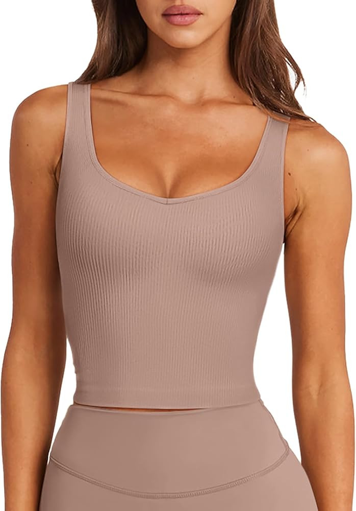 LASLULU Womens Longline Sports Bra Ribbed Seamless Wirefree Padded Tank Tops Medium Support Worko... | Amazon (US)