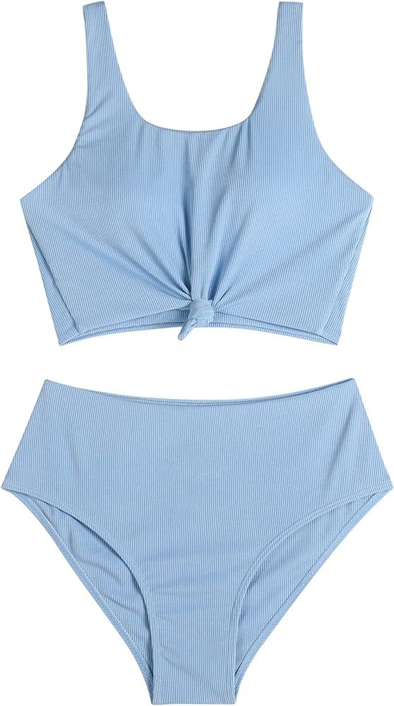 ZAFUL Women's High Waisted Tankini Scoop Neck Knotted Two Pieces Tankini Set Swimsuit | Amazon (US)
