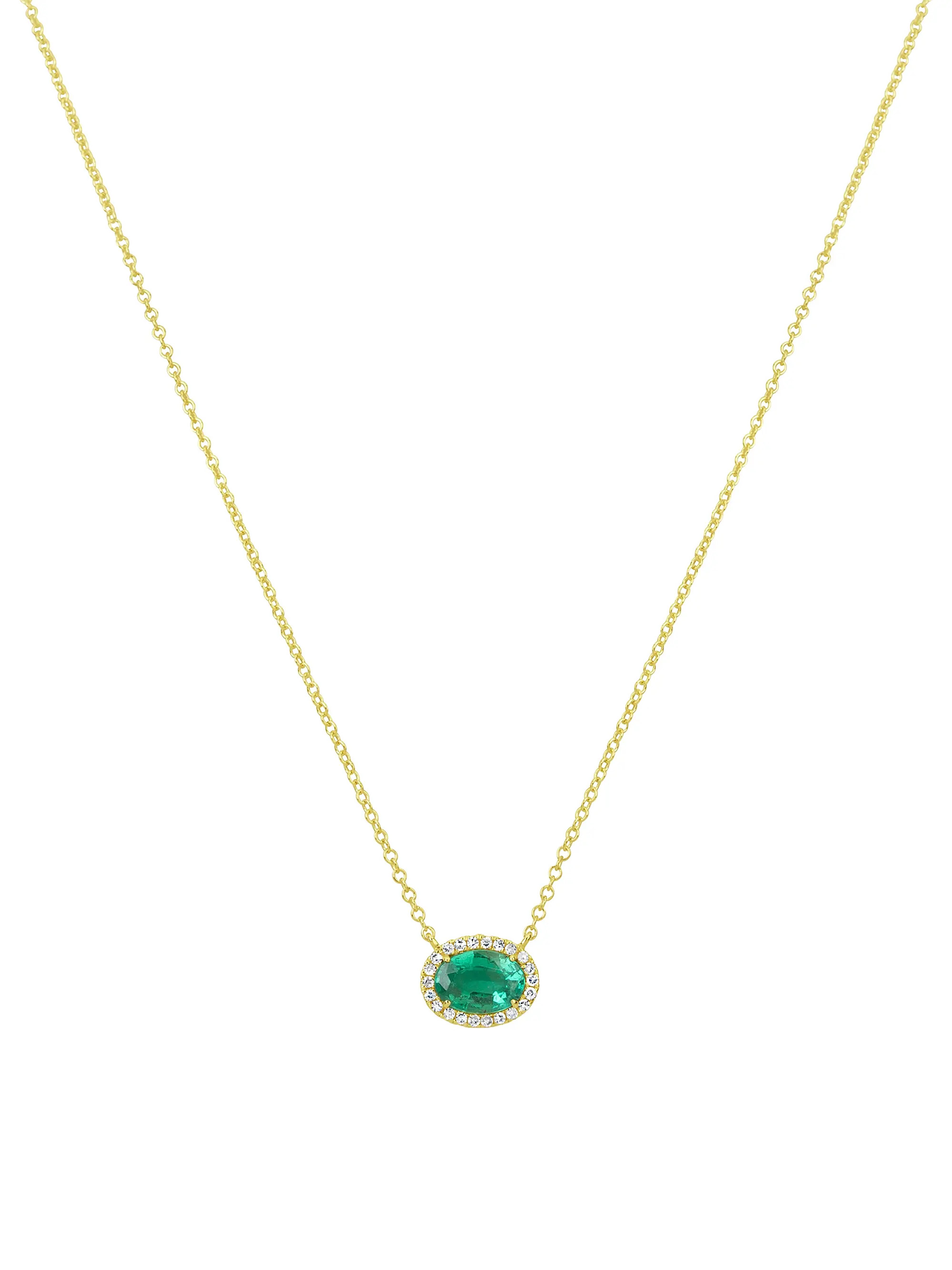 14K Yellow Gold, Emerald, & Diamond East-West Oval Pendant Necklace | Saks Fifth Avenue