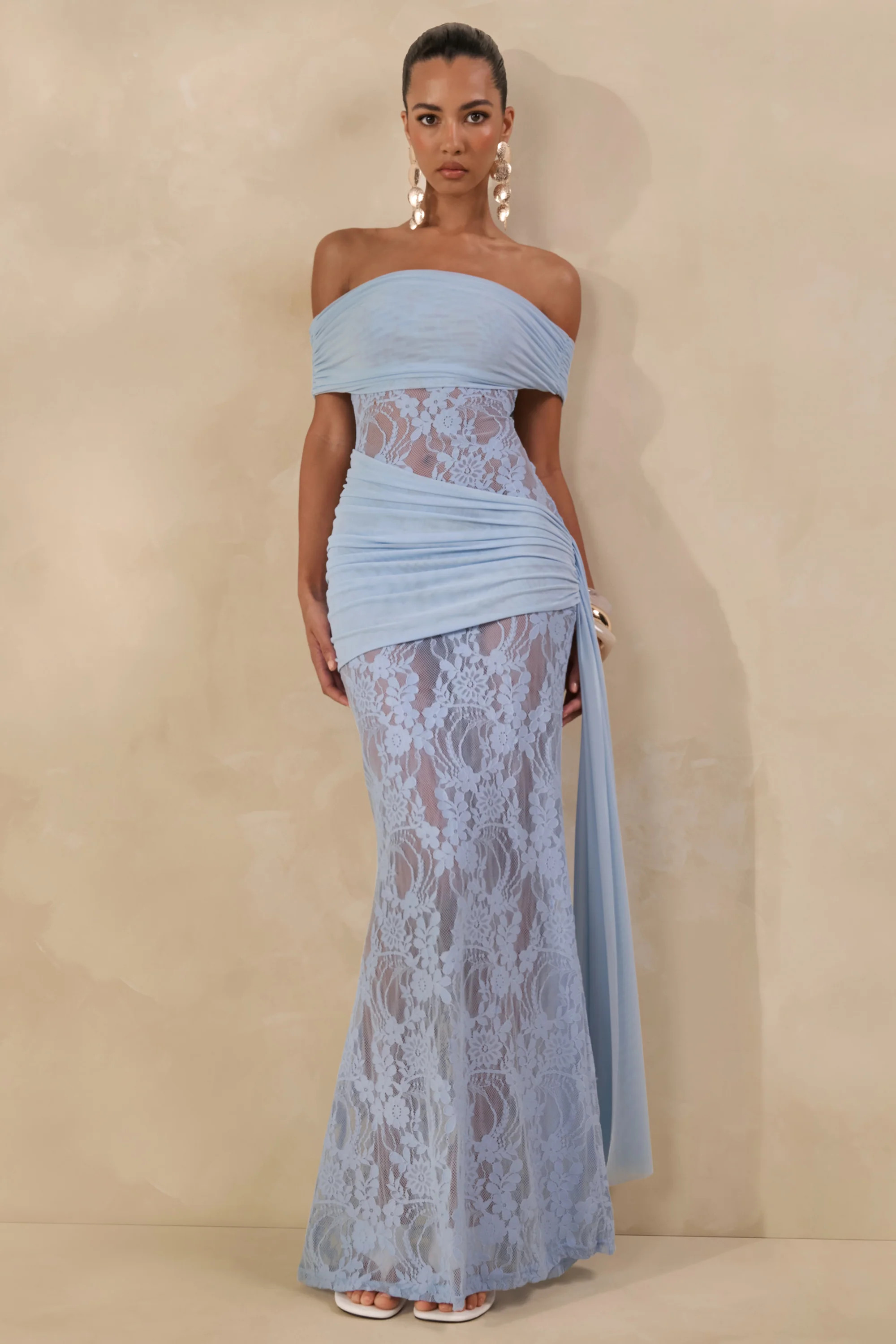 Enavine | Powder Blue Lace Bardot-Neck Maxi Dress With Gathered-Detailing And Sash | Club L London