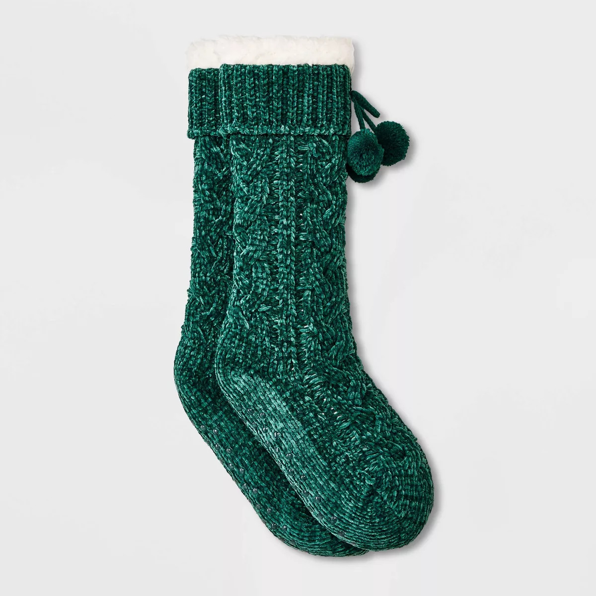 Women's Braided Cable Chenille Faux Shearling Lined Slipper Socks with Poms & Grippers - Red 4-10 | Target