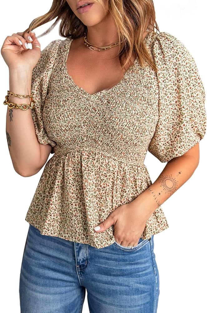 Acelitt Women's Puff Short Sleeve Peplum Top V Neck Smocked Blouses Dressy Shirt | Amazon (US)