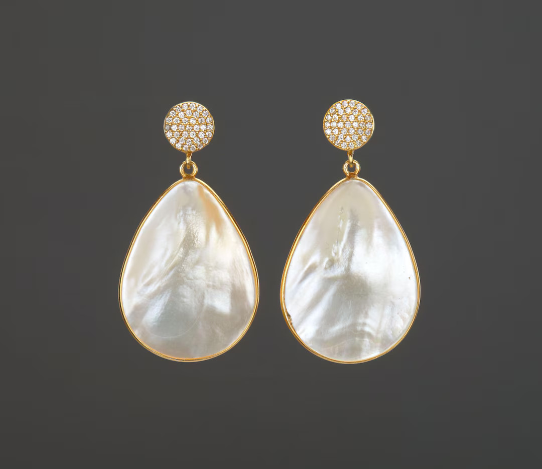 Two tier large mother of pearl earrings with CZ studded top post,Two gemstone earring,big teardro... | Etsy (US)