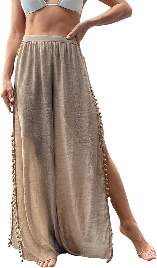 SheIn Women's Summer Beach Pants High Waisted Swimsuit Cover Up Pants Pom Pom Tassel Bikini Botto... | Amazon (US)