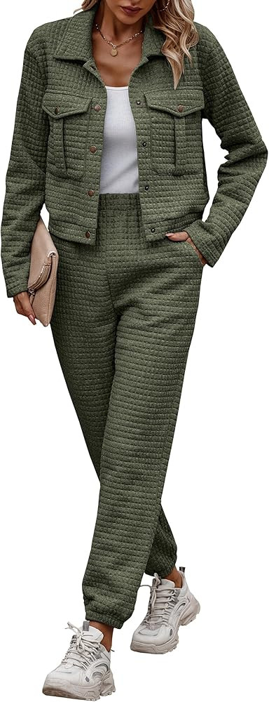 PRETTYGARDEN Womens 2023 Fall 2 Piece Outfits Tracksuit Long Sleeve Button Down Shacket Jacket Pocke | Amazon (US)