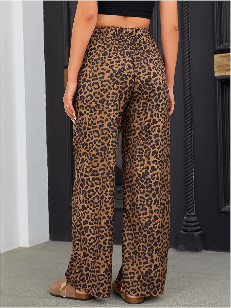OYOANGLE Women's Leopard Print Elastic High Waist Long Pants Cheetah Printed Wide Leg Loose Trous... | Amazon (US)