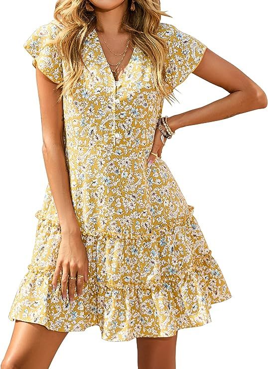 KIRUNDO 2023 Women's Summer Dresses Hot Short Sleeve V-Neck High Waist Floral Print Mini Boho Sun... | Amazon (US)
