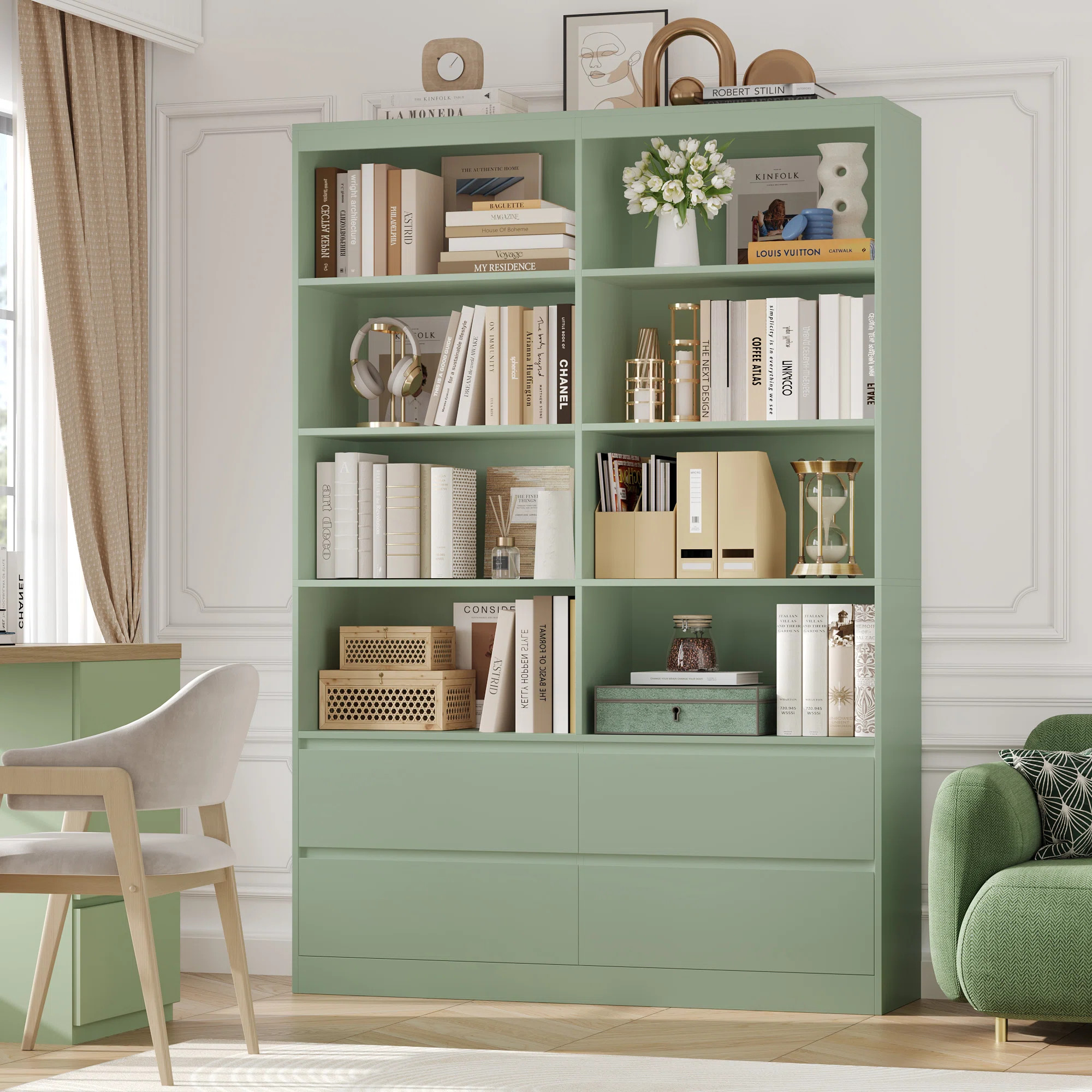70.9"H X 47.2"W Wood Double 4-Tier Bookcase With 4 Storage Drawers | Wayfair North America