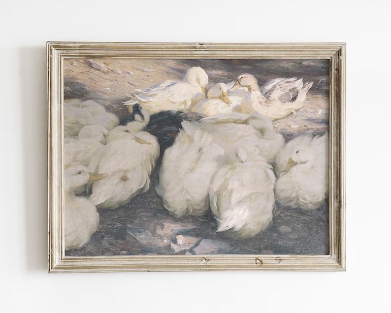 Antique farmhouse oil painting, vintage duck print, swan painting, neutral nursery art, girls roo... | Etsy (US)