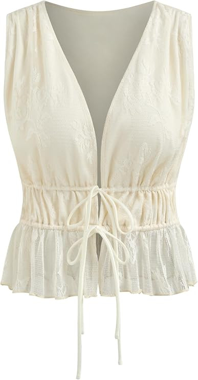 CIDER Tank Tops for Women Lace Trim V Neck Tie Front Sleeveless Top Going Out Tops Cute Crop Top ... | Amazon (US)