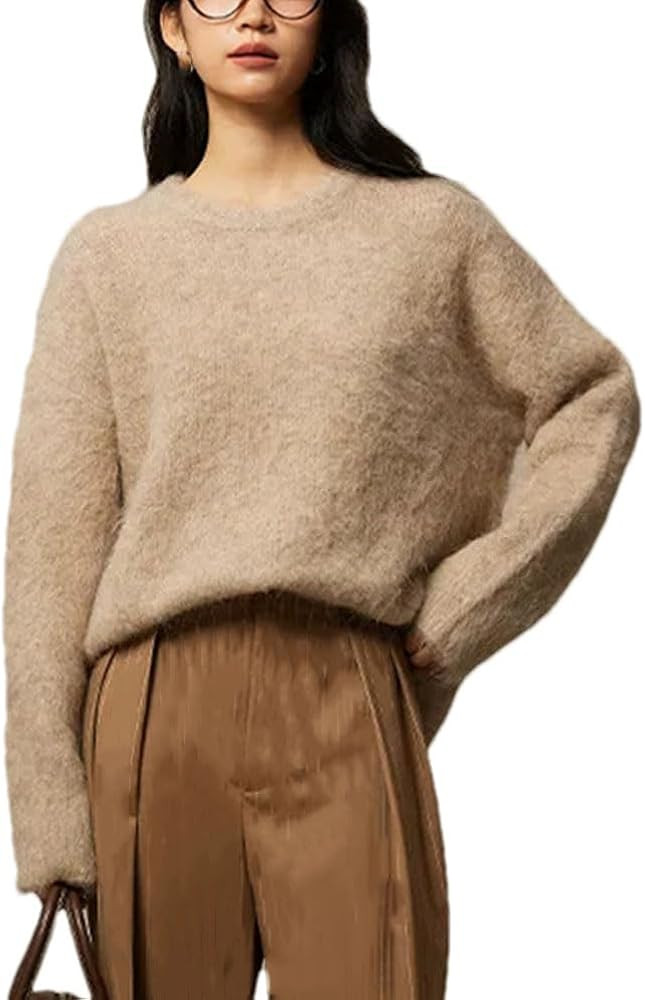Spring Winter Loose Casaul Solid Long Sleeve Wool Sweater Fpr Women Thicken Round Neck Knitted Pu... | Amazon (US)