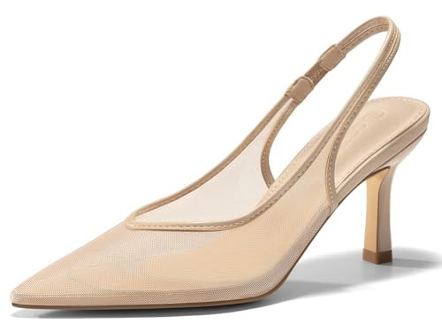 Coutgo Womens Slingback Kitten Heels Closed Pointed Toe Low Heel Mesh Pumps Sexy Dress Shoes, Khaki, Size 7.5 | Amazon (US)