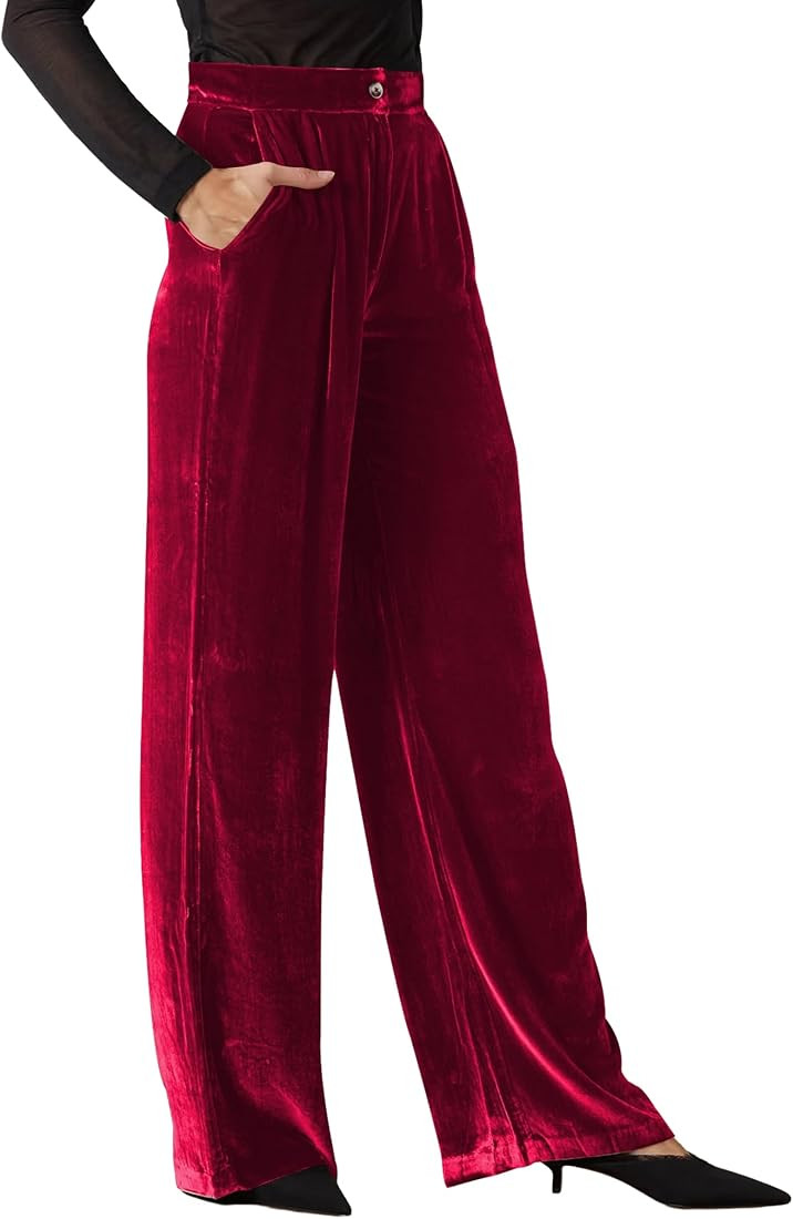 ECOWISH Womens Velvet Pants Elastic High Waist Palazzo Pants Casual Flare Long Trousers | Amazon (US)