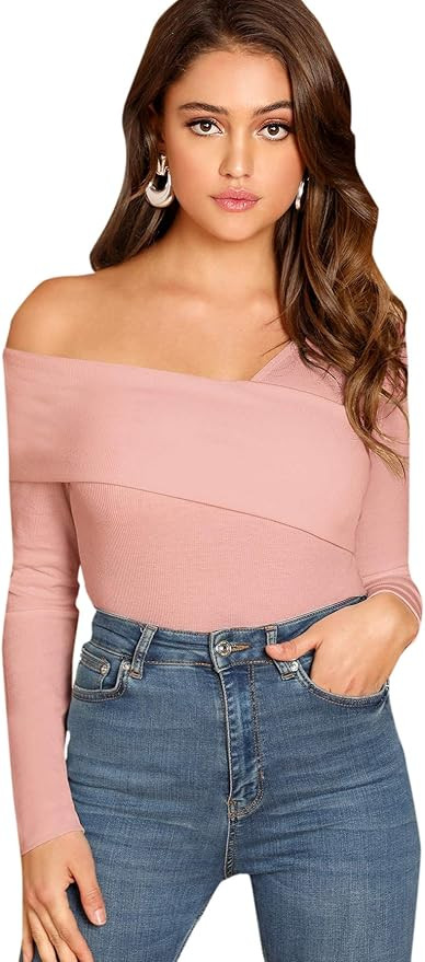 Romwe Women's Casual Cross Off Shoulder Deep V Neck Ribbed Knit Slim Wrap Tee Shirt Blouse | Amazon (US)