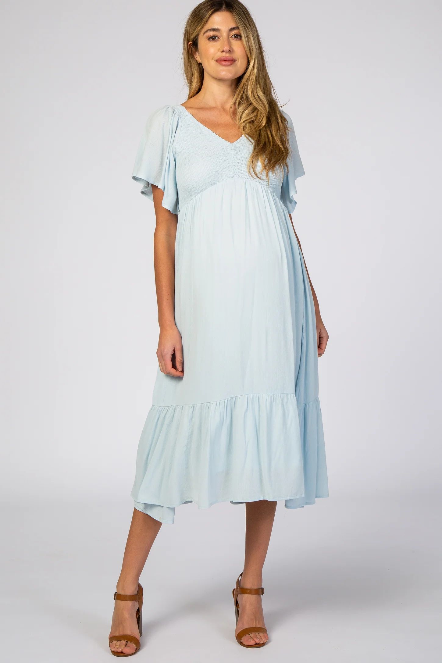 Light Blue Smocked Ruffle Maternity Dress | PinkBlush Maternity