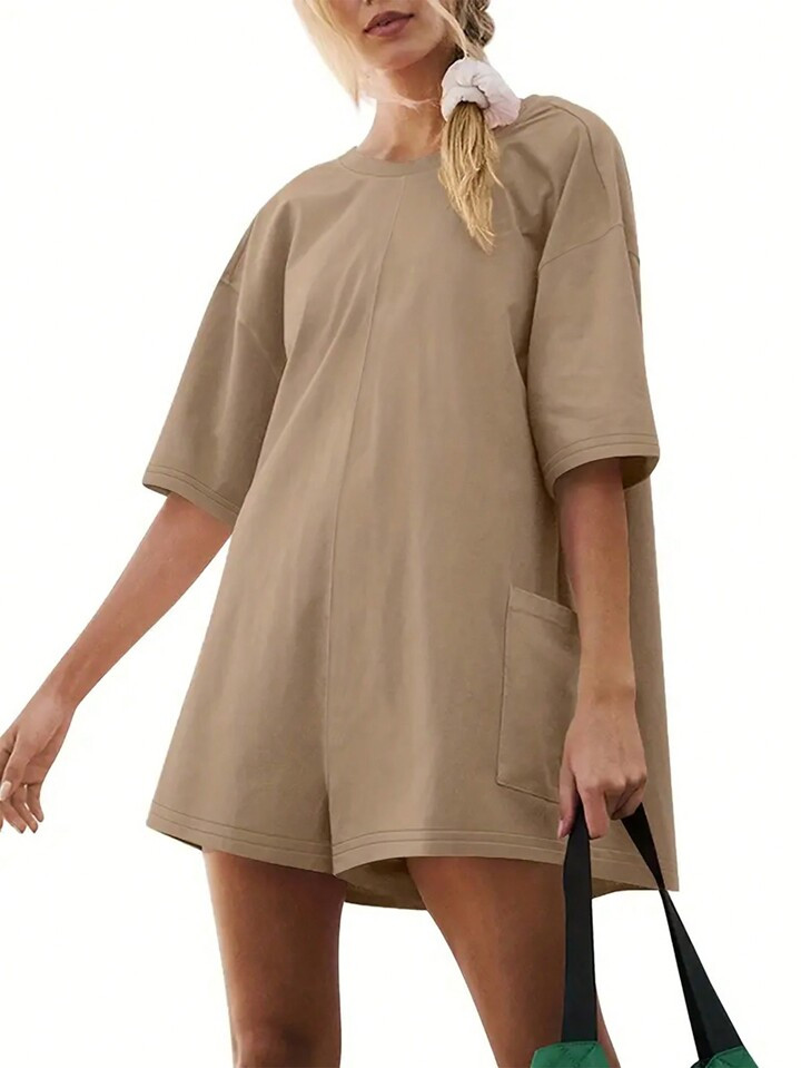 SHEIN Essnce Ladies' Solid Color Drop Shoulder Backless Loose Casual Romper For Summer | SHEIN