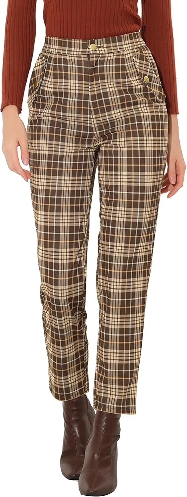 Allegra K Women's Vintage Tartan Plaid Pants Elastic Waist Straight Long Trousers | Amazon (US)