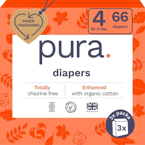 Pura Size 4 Eco-Friendly Diapers (18-31lbs) TCF Hypoallergenic, Soft Organic Cotton, Sustainable, up to 12 Hours Leak Protection, Allergy UK, Recyclable Packaging, 3 Packs of 22 (66 Diapers) | Amazon (US)