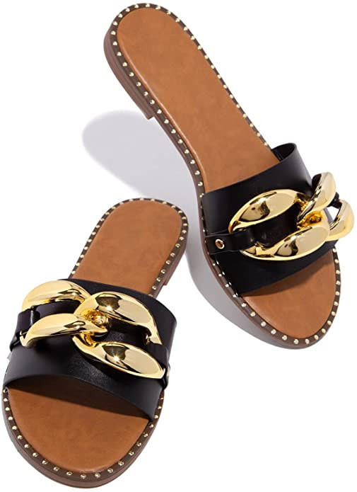 Powerpurlife Women's Flat Heels Open Toe Backless Slippers Metallic Chains Slip On Summer Indoor ... | Amazon (US)