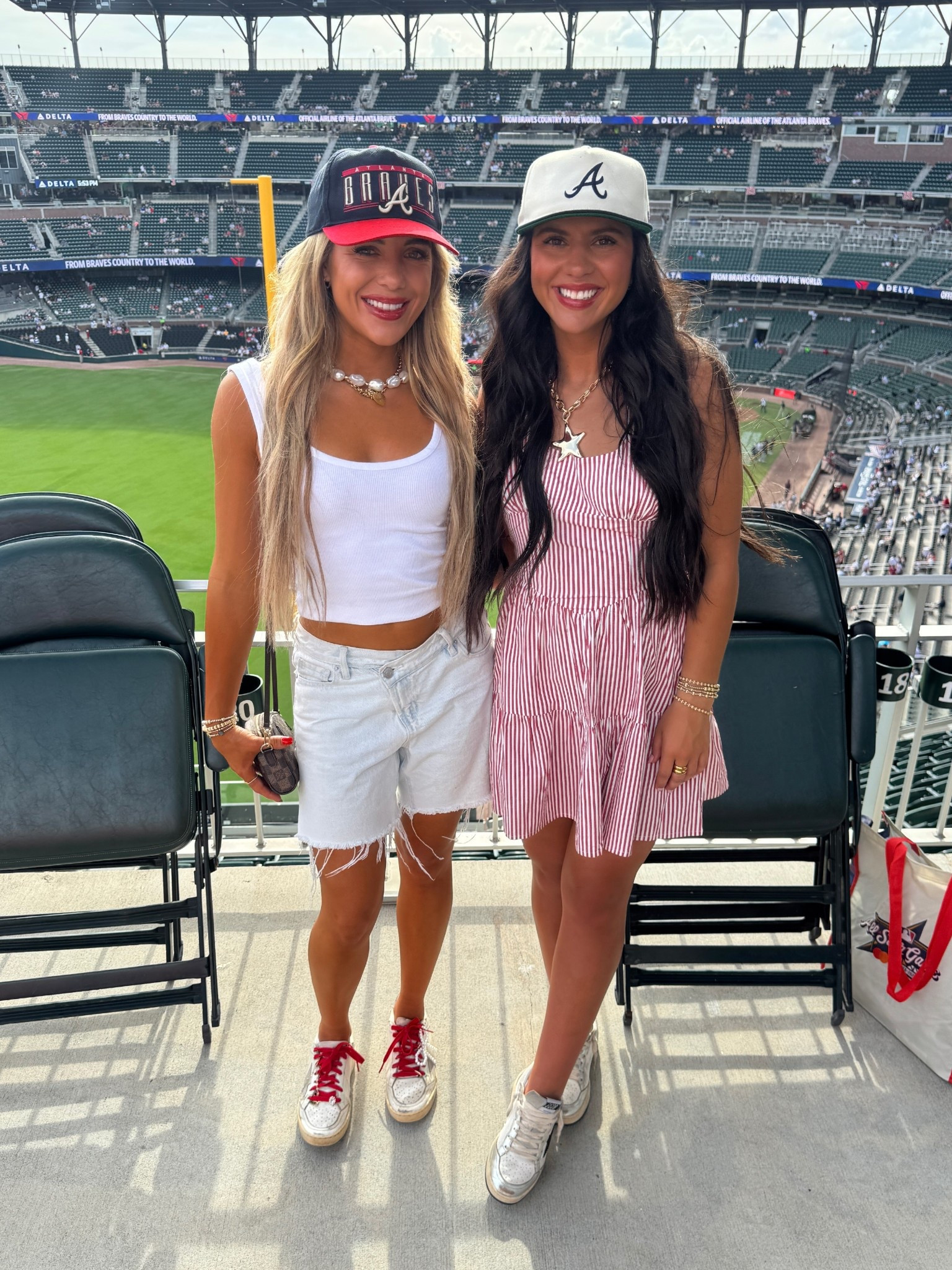 Braves game fit! ⚾️🍺🌭 wearing a small in the dress

Braves game outfit, baseball game outfit, striped mini dress, golden goose sneakers