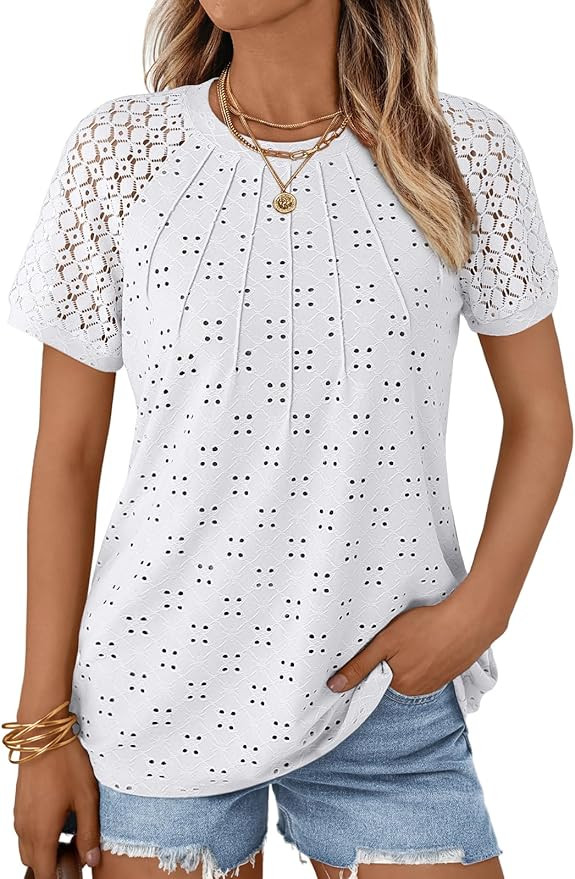 AUTOMET Short Sleeve Shirts for Women Eyelet Embroidery Summer Dressy Tops 2025 Trendy Lace Casua... | Amazon (US)