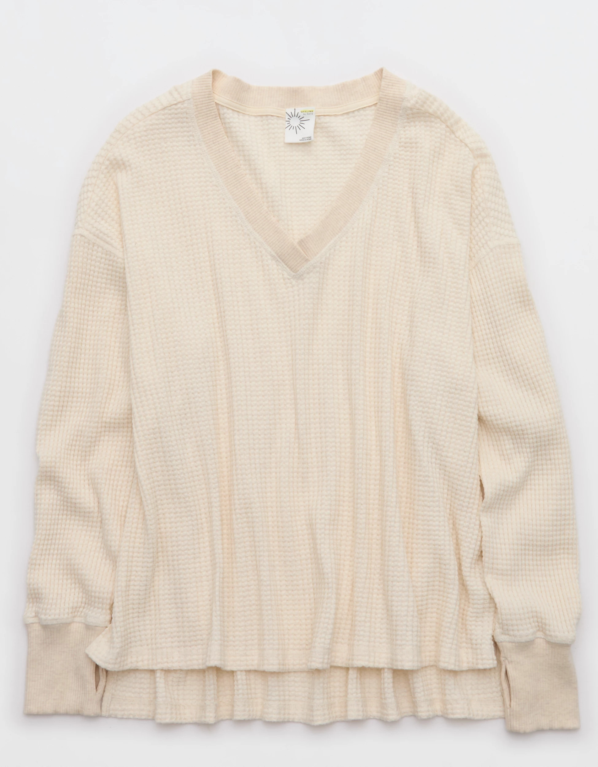 OFFLINE By Aerie Wow! Waffle Long Sleeve V Neck T-Shirt | American Eagle Outfitters (US & CA)