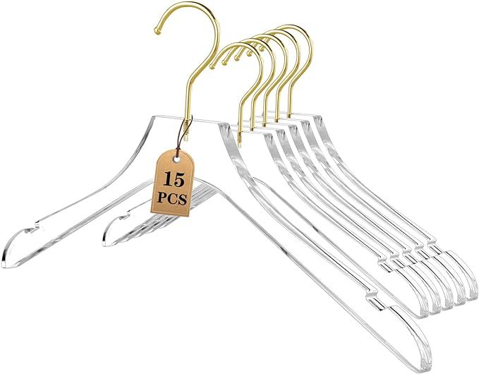 Besser 15Pack Acrylic Hangers with Gold,Acrylic Clear Hangers,Premium Crystal Dress Hangers Swive... | Amazon (US)