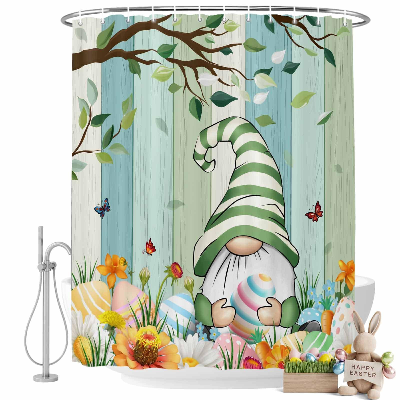 Easter Shower Curtain Gnome Egg Bathroom Curtains with Hooks, Waterproof Fabric Flower Green Tree... | Amazon (US)