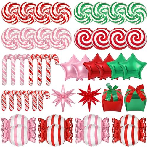 Ouddy Life 46 Pcs Christmas Balloons Set, Sweet Candy Cane Balloons Round Lollipop Cane Gift Box Star Mylar Foil Balloon for Xmas Holiday Birthday New Year Candies Theme Party Decorations | Amazon (US)