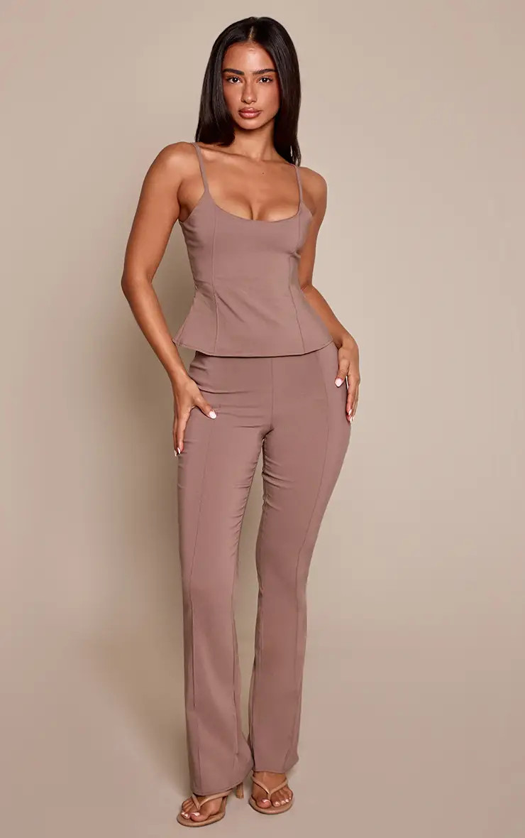 Petite Taupe Stretch Woven Seam Detail Flared Trousers | PrettyLittleThing US