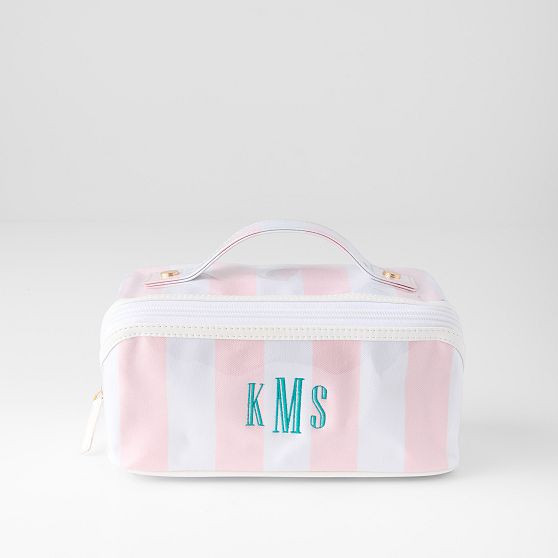 Clear Coated Diamond Cosmetic Pouch, Pink-White Stripe | Mark and Graham