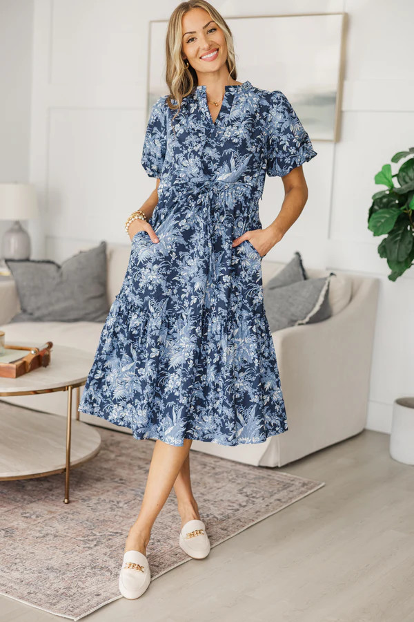 NURSING COLLECTION: It's A Match Navy Toile Midi Dress | The Mint Julep Boutique