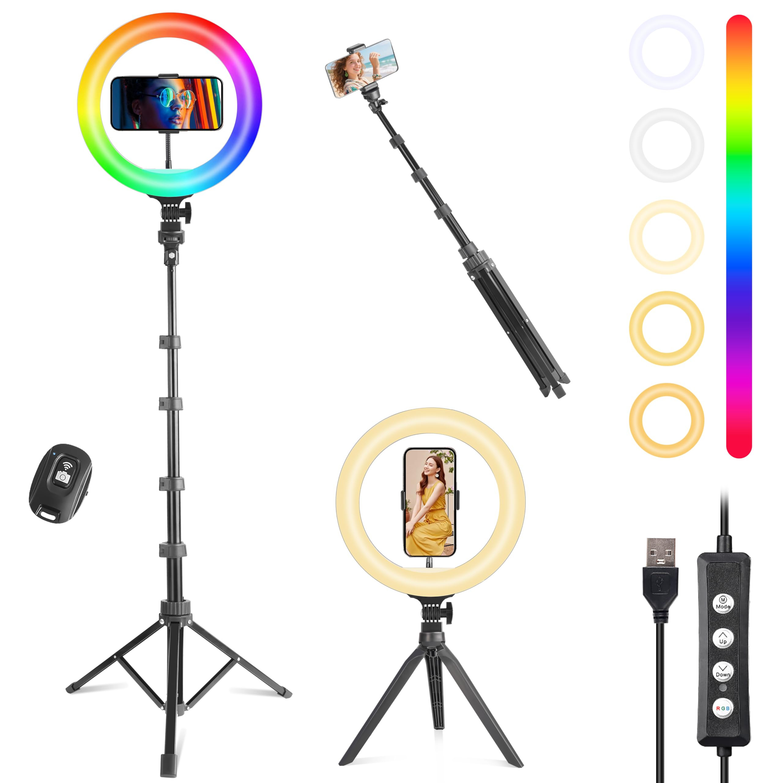 UEGOGO 10'' Ring Light with 72'' Tripod Stand & Phone Holder，38 Color Modes Dimmable LED Ringli... | Amazon (US)