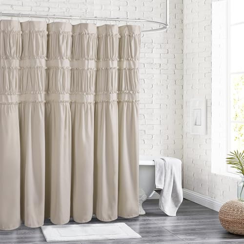 Homechoice Decor Ruched Ruffled Shower Curtain 72" W x 72" H, Beige Microfiber Rustic Decorative Bath Curtain for Bathroom, Farmhouse and Boho Bathroom Décor, Machine Washable (LQ-38) | Amazon (US)